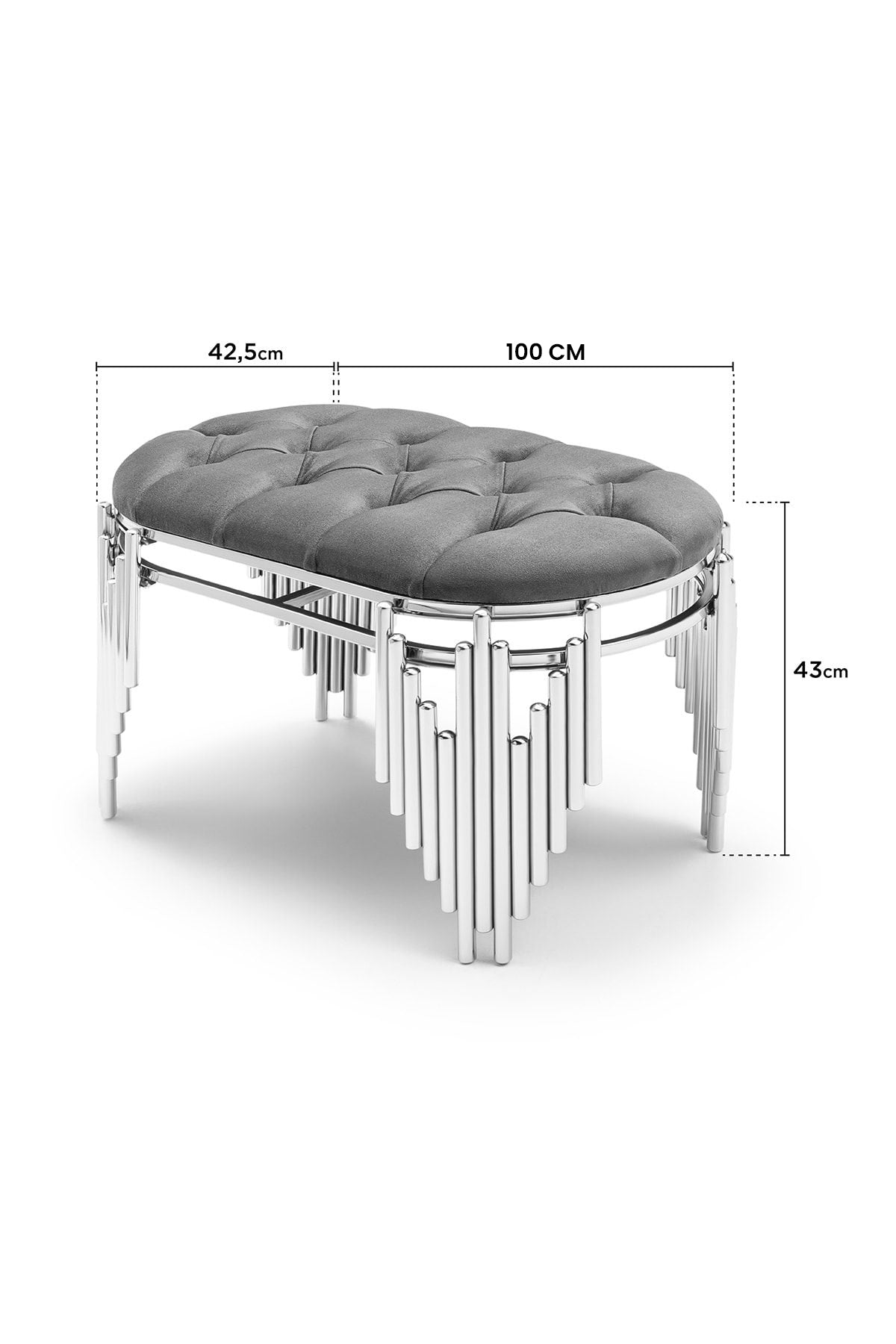 Metal Puf Ultra Lak Kaplama Lüks Puf Babyface Kumaş Bench - Gri - Gümüş - 100CM