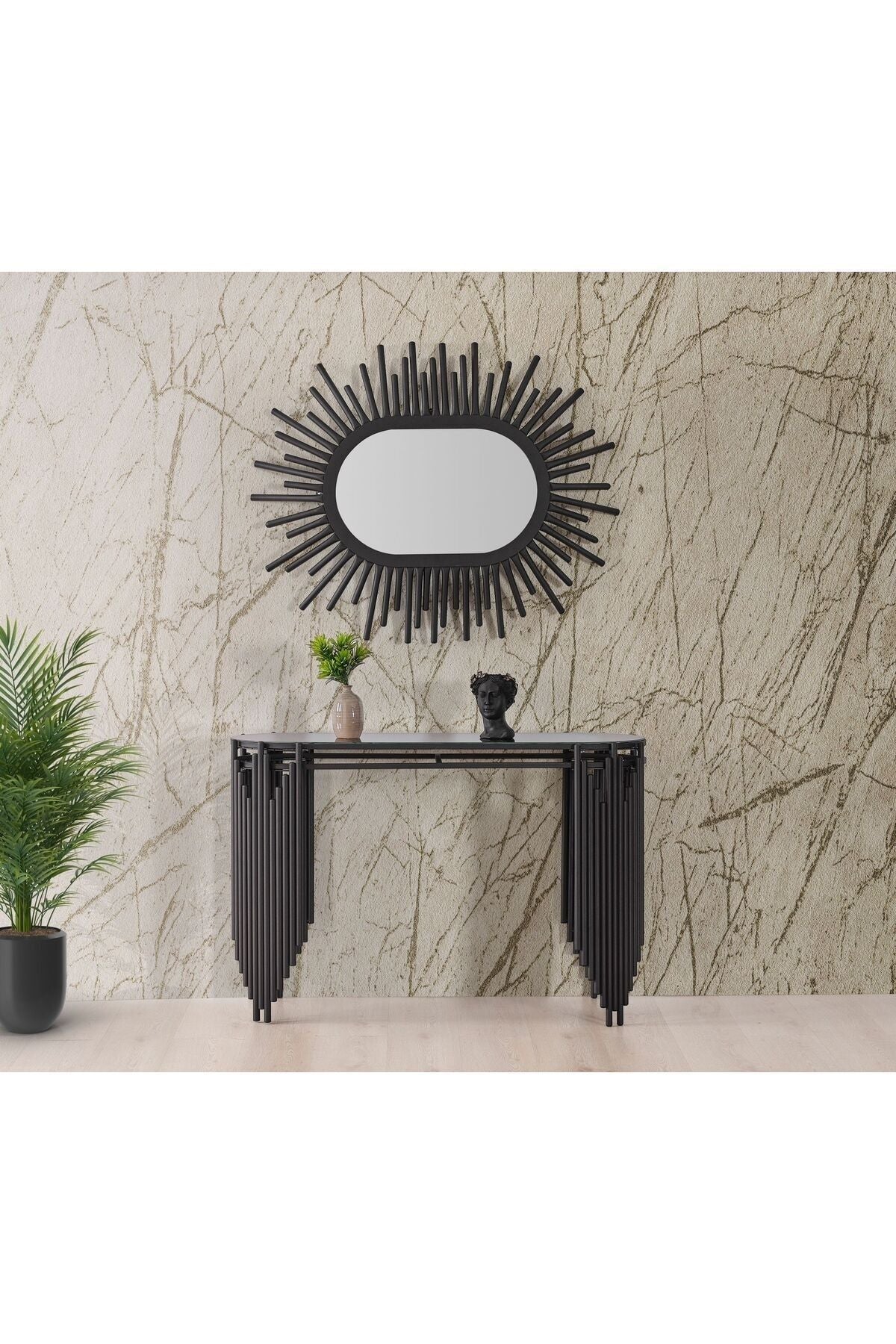 Set Elektrostatik Boyalı Metal Lüks Aynalı Dresuar Mat Siyah - 120CM - Kalın Boru