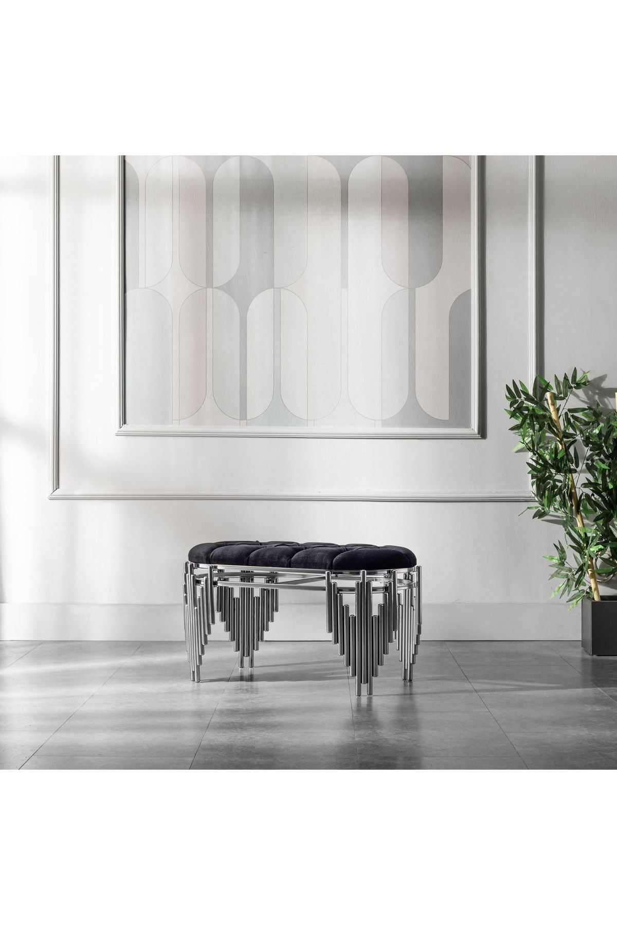 Metal Puf Ultra Lak Kaplama Lüks Puf Babyface Kumaş Bench - Siyah - Gümüş - 100CM