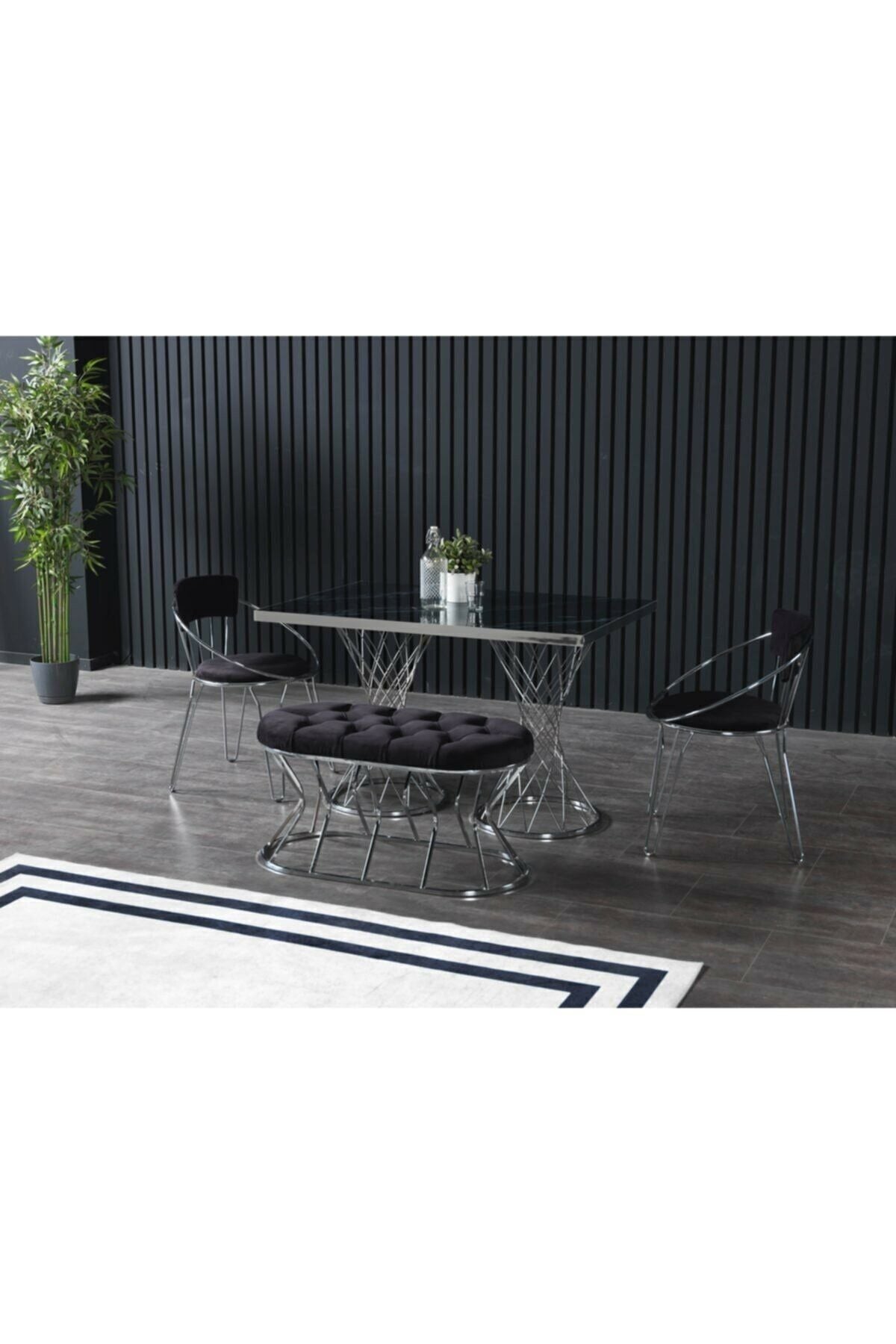 Frezya Puflu Siyah Mermerli Mutfak Masası Takımı 80X120 Cm