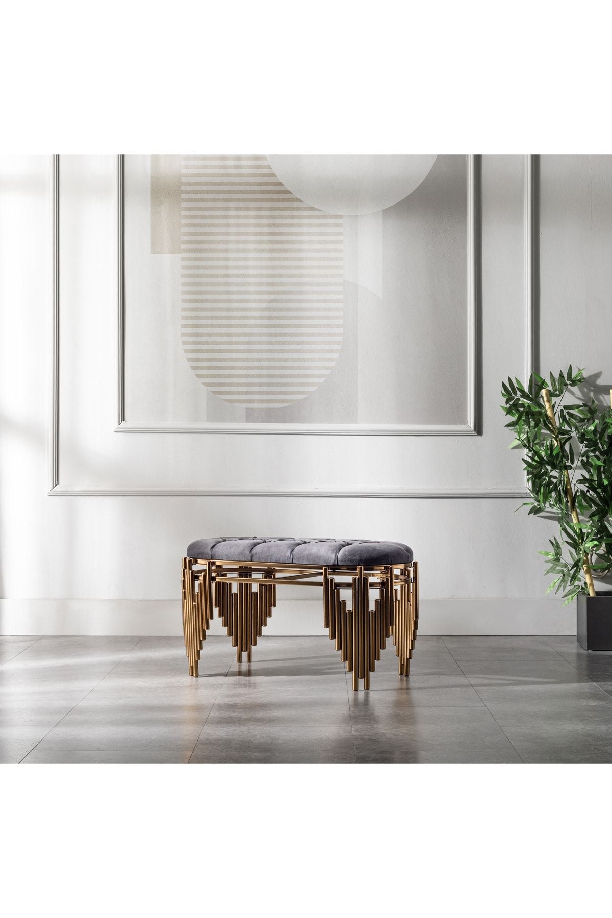 Metal Puf Ultra Lak Kaplama Lüks Puf Babyface Kumaş Bench - Gri - Gold - 100CM