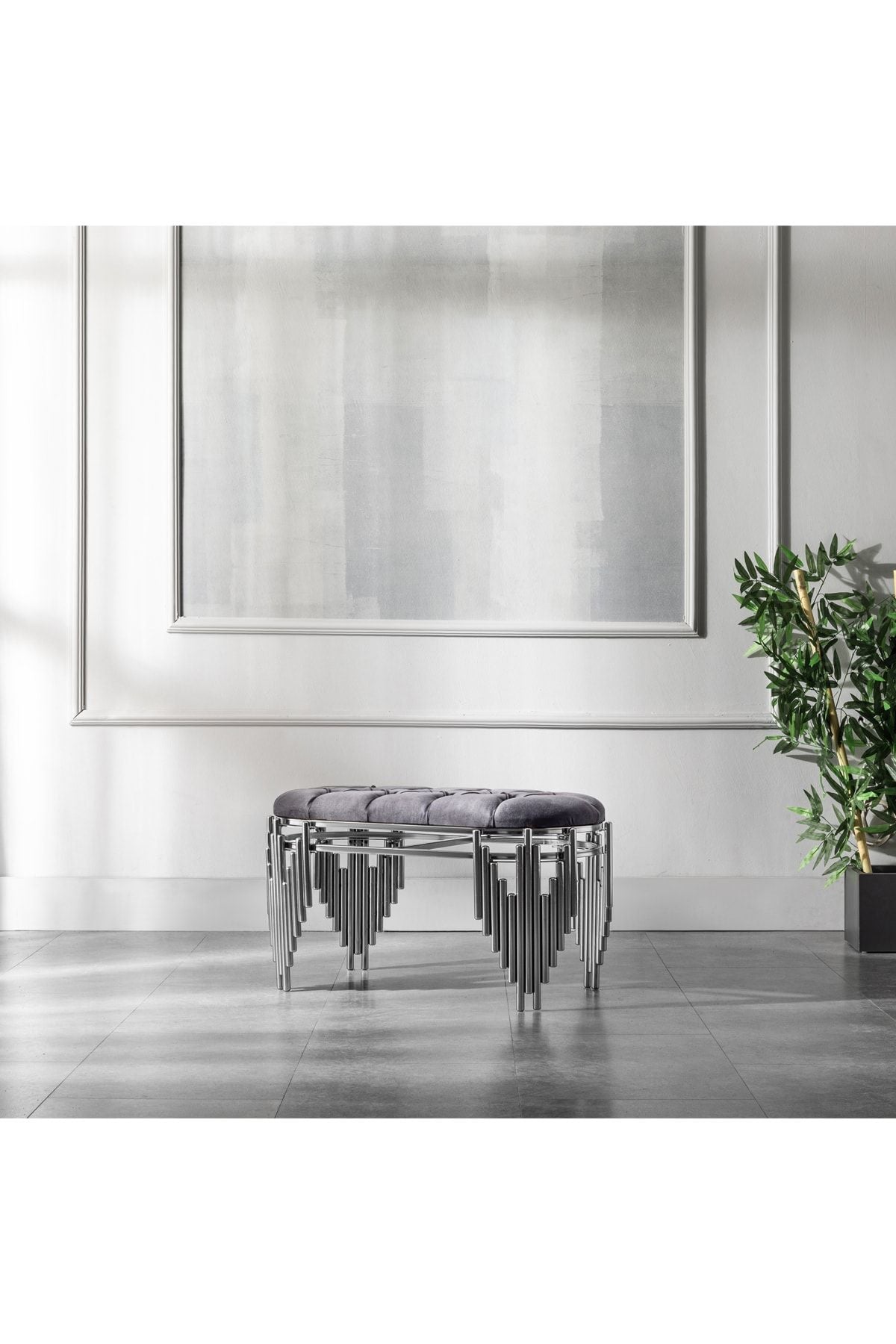 Metal Puf Ultra Lak Kaplama Lüks Puf Babyface Kumaş Bench - Gri - Gümüş - 100CM
