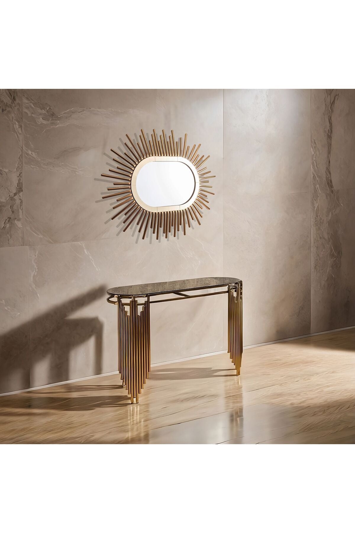 2 Ayaklı Duvara Monteli Antre Seti Aynalı Dresuar Ultra Lak Kaplama Set 120CM - Gold - 2 Parça