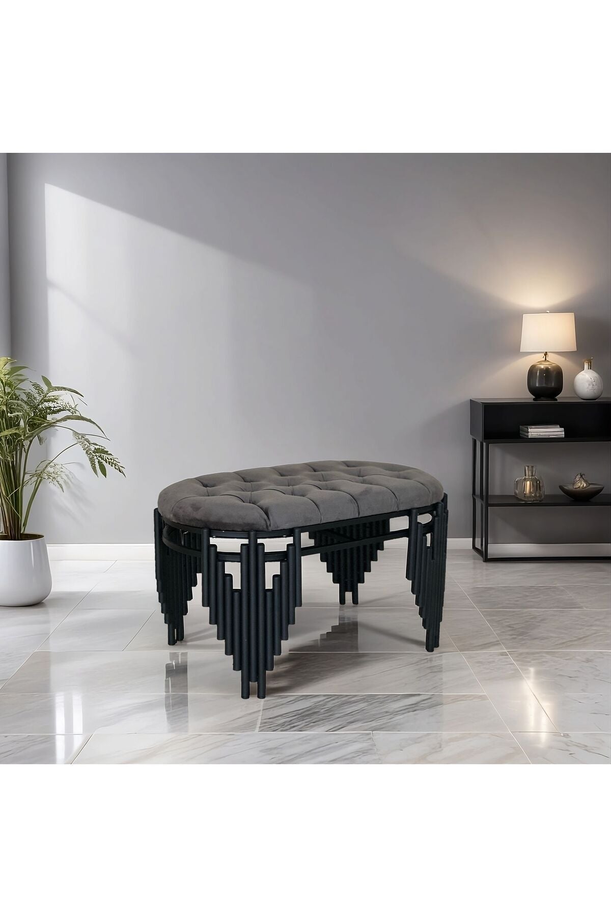 Mat Siyah Puf Bench - Gri - 80CM