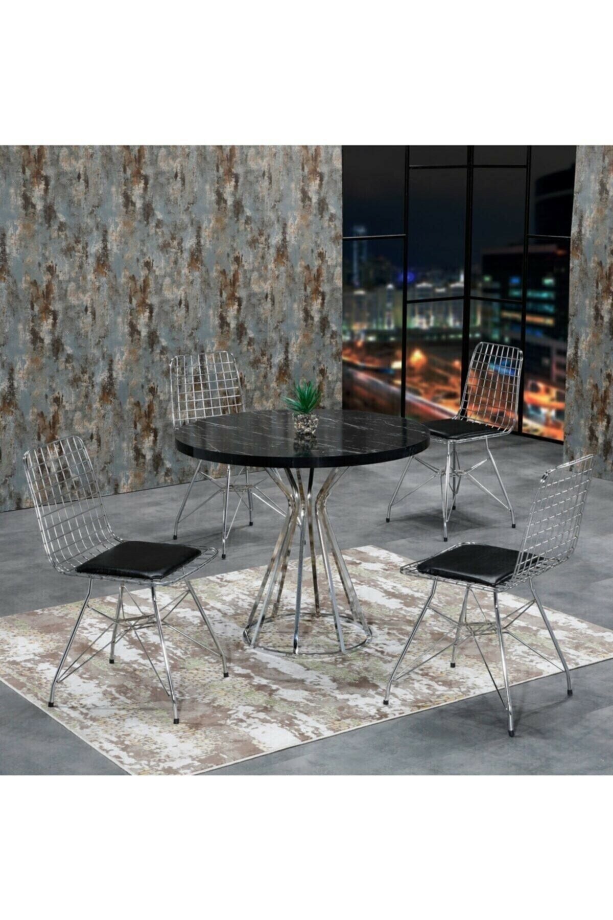 4 Kişilik Siyah Mermer Görünümlü Metal Mutfak Masası Takımı-Gümüş Tel Sandalyeli 90X90 Cm