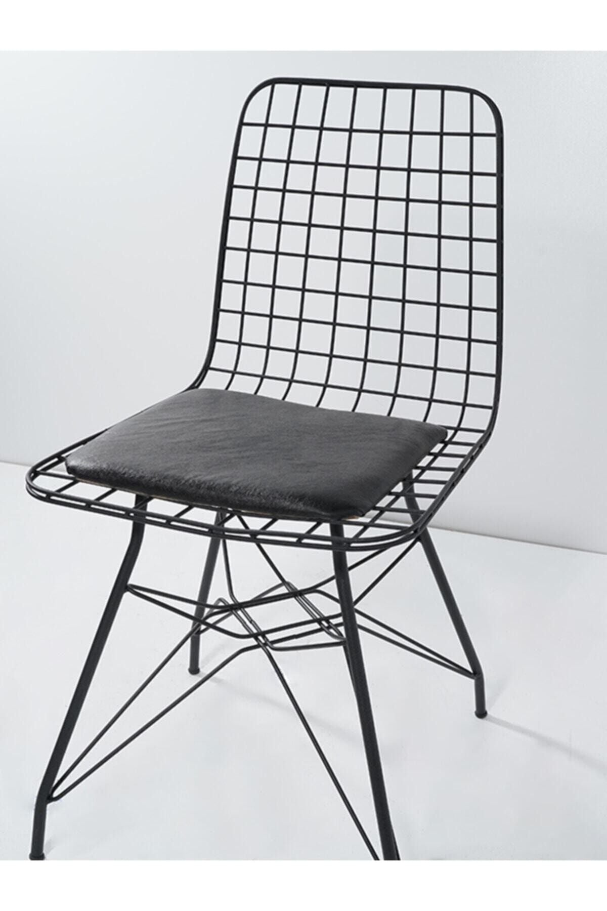 4 Kişilik Siyah Mermer Görünümlü Metal Mutfak Masası Takımı-Gümüş Tel Sandalyeli 90X90 Cm
