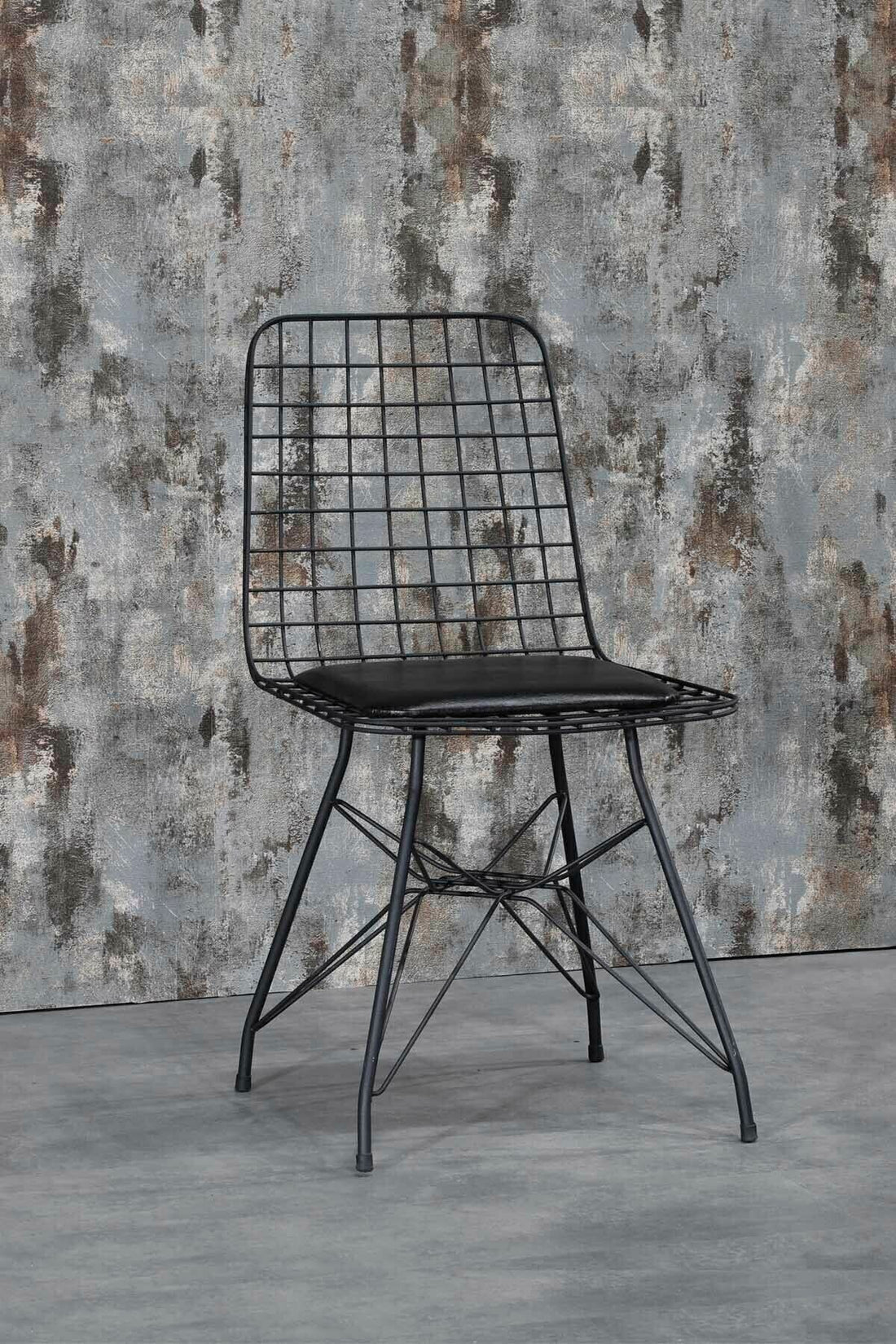 4 Kişilik Siyah Mermer Görünümlü Metal Mutfak Masası Takımı-Gümüş Tel Sandalyeli 90X90 Cm