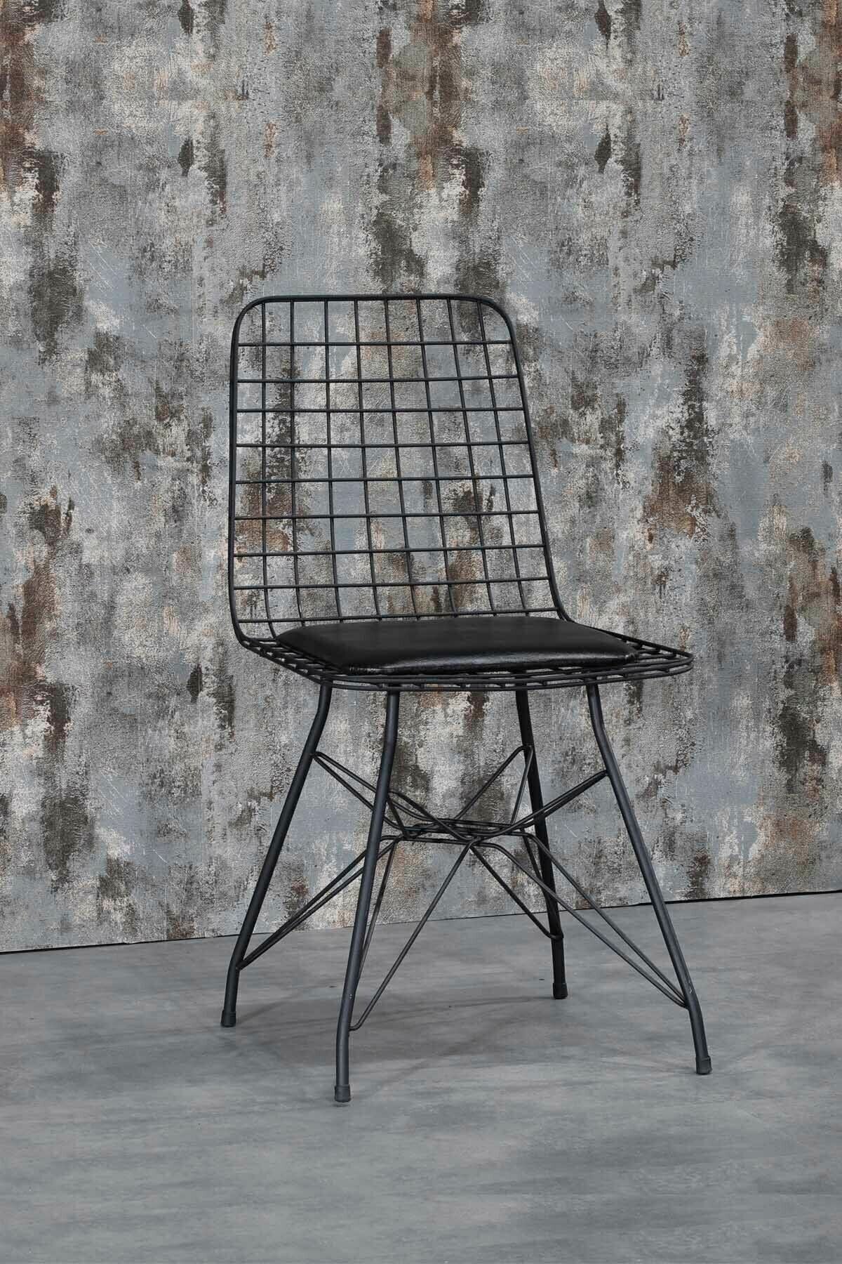 4 Kişilik Siyah Mermer Görünümlü Metal Mutfak Masası Takımı-Gümüş Tel Sandalyeli 90X90 Cm