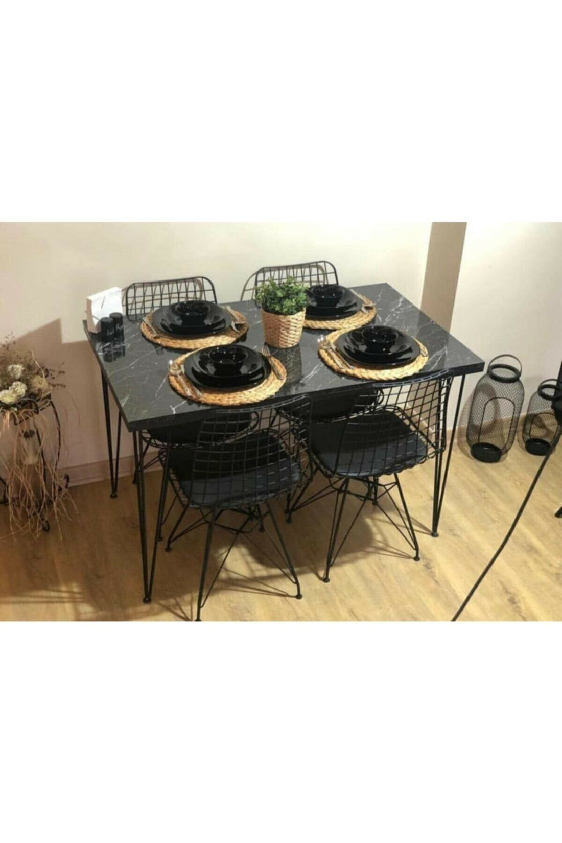 4 Kişilik Yemek Masası Takımı-Mutfak Masası Takımı-Balkon Masa Takımı -Siyah Mermer Desenli 80X120