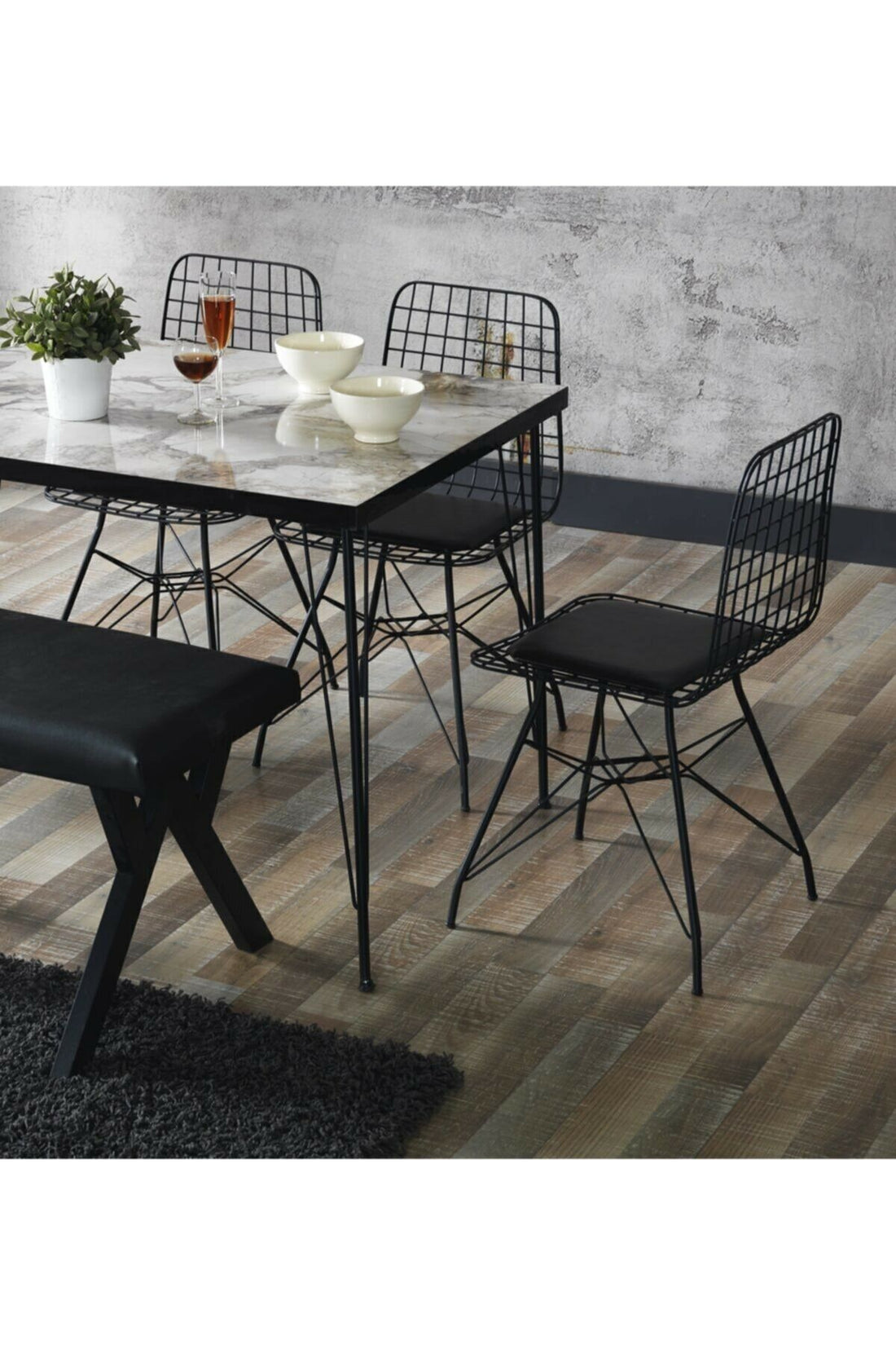 Bendir Görünümlü Metal Ayaklı Mutfak Masası Ve Bench Takımı 80X120