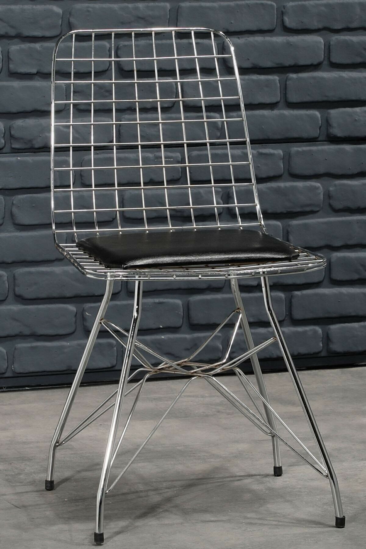 4 Kişilik Siyah Mermer Görünümlü Metal Mutfak Masası Takımı-Gümüş Tel Sandalyeli 90X90 Cm