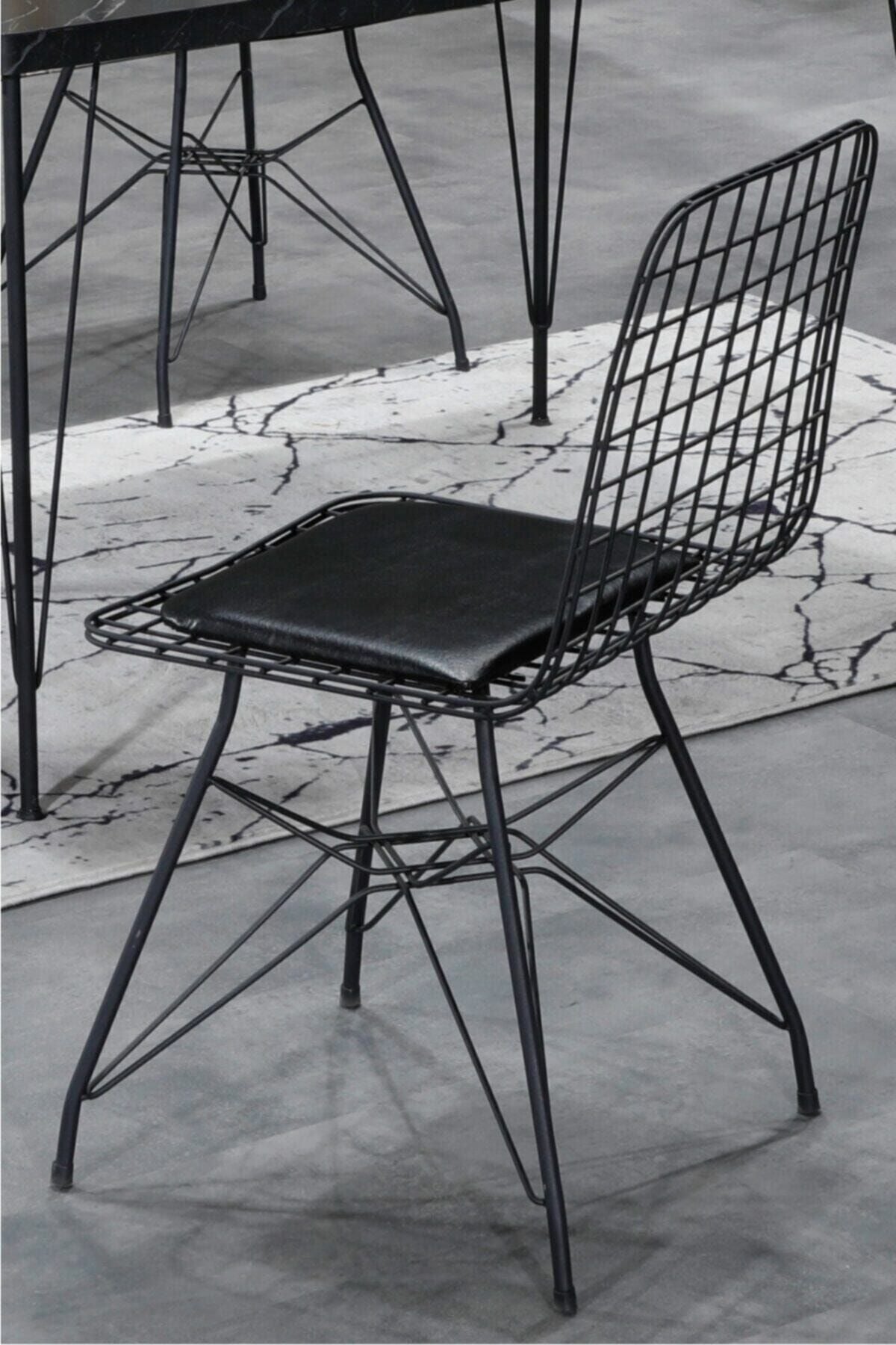 4 Kişilik Siyah Mermer Görünümlü Metal Mutfak Masası Takımı-Gümüş Tel Sandalyeli 90X90 Cm