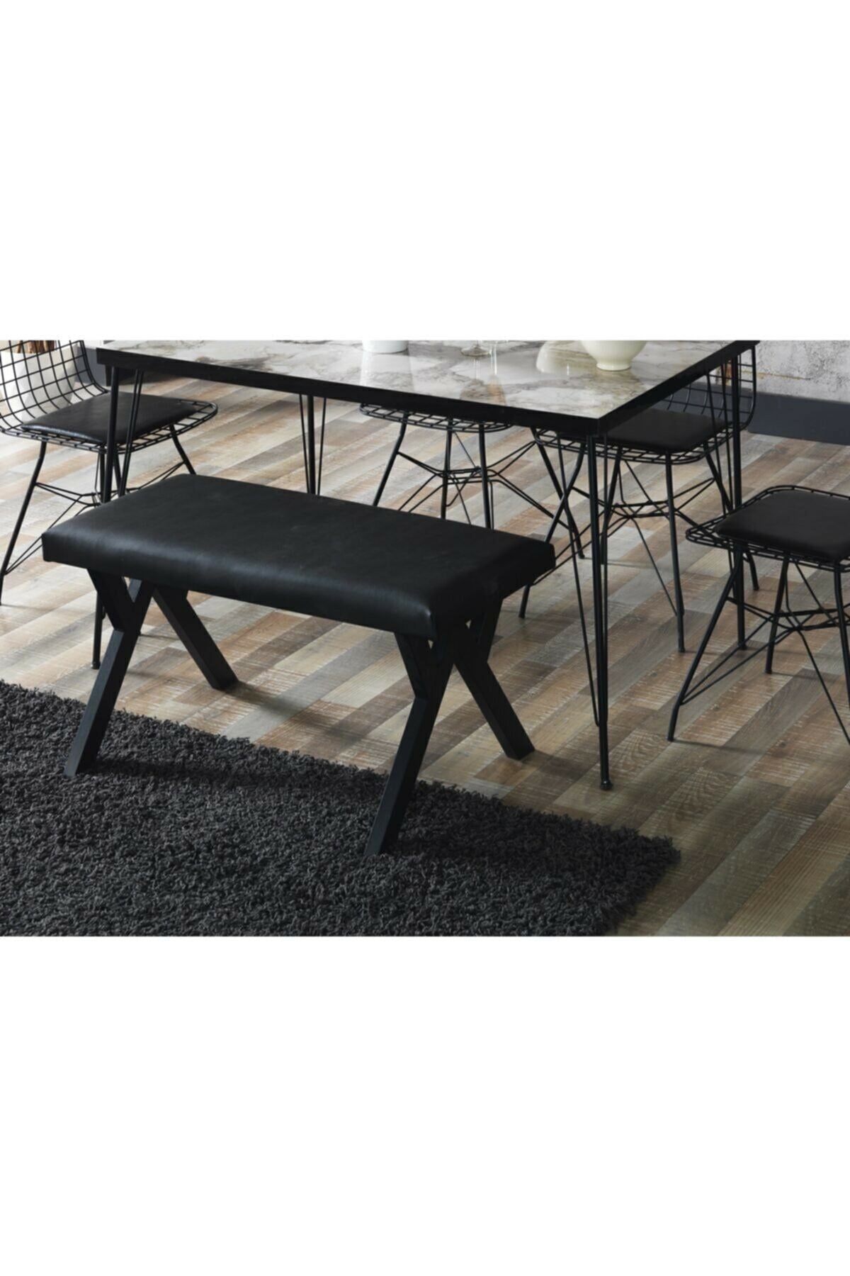 Bendir Görünümlü Metal Ayaklı Mutfak Masası Ve Bench Takımı 80X120