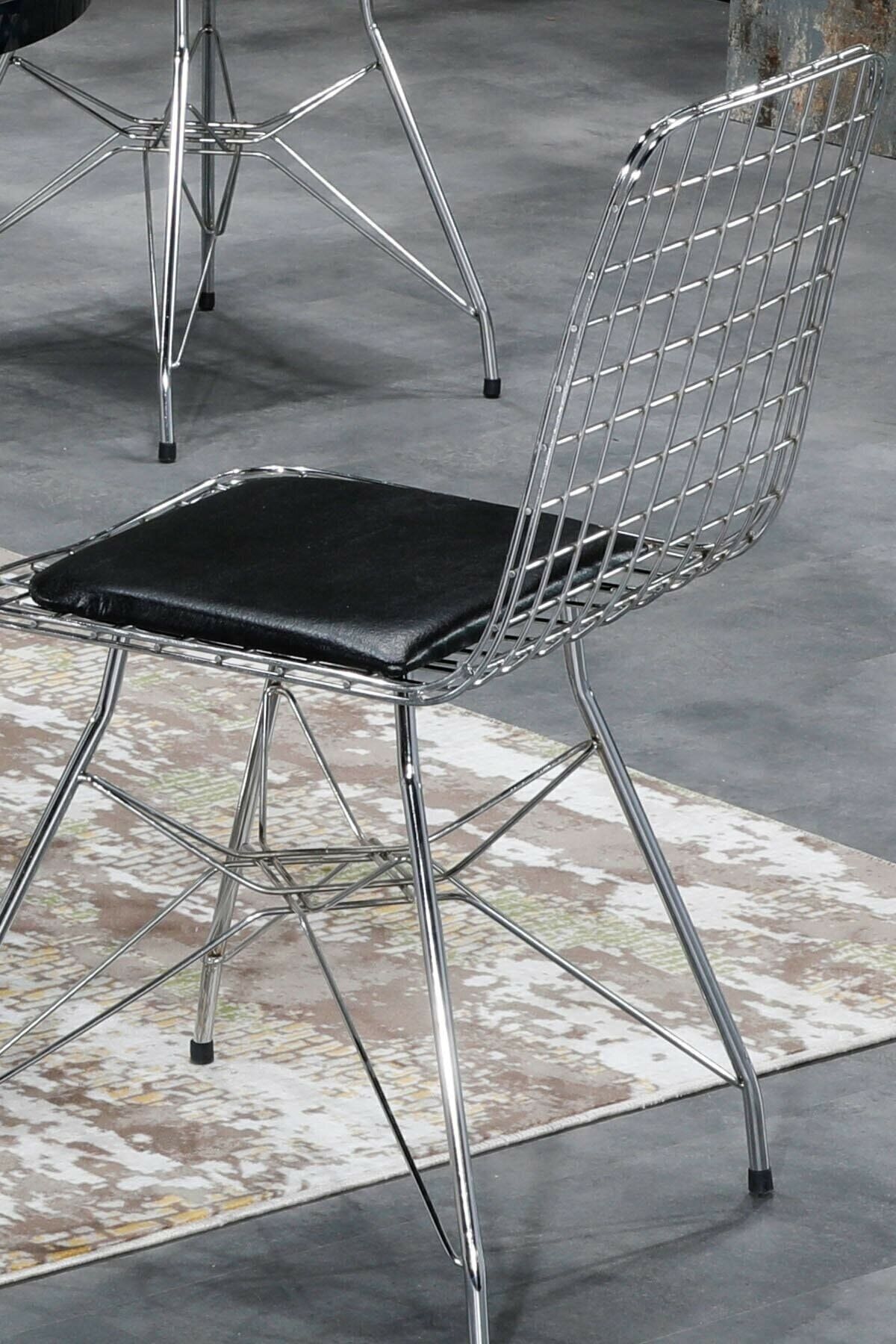 4 Kişilik Siyah Mermer Görünümlü Metal Mutfak Masası Takımı-Gümüş Tel Sandalyeli 90X90 Cm