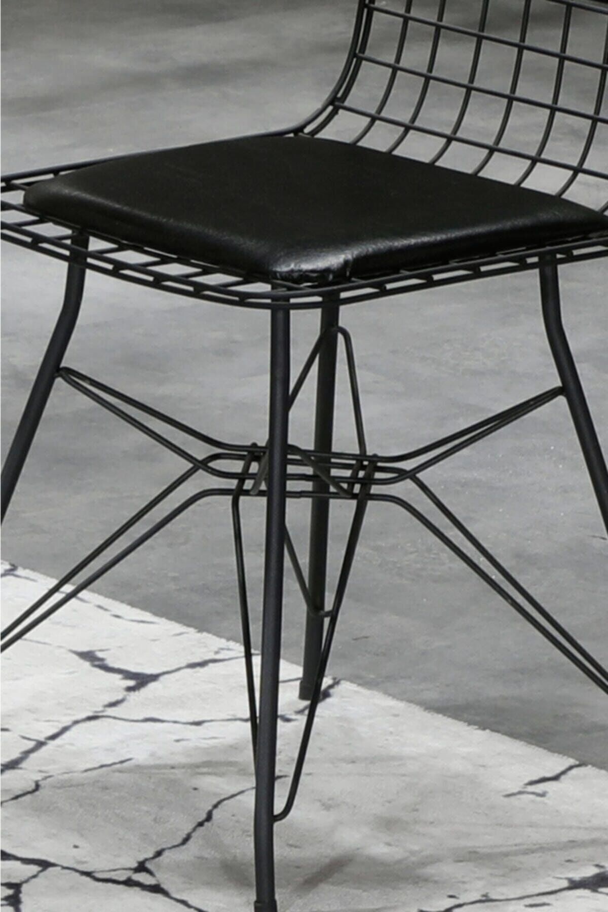 4 Kişilik Siyah Mermer Görünümlü Metal Mutfak Masası Takımı-Gümüş Tel Sandalyeli 90X90 Cm