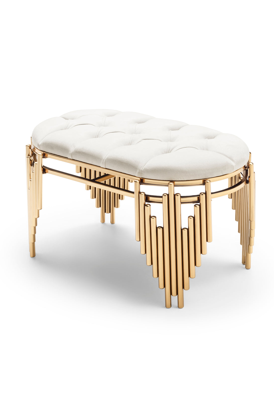 Metal Puf Ultra Lak Kaplama Lüks Puf Babyface Kumaş Bench - Beyaz - Gold - 80CM